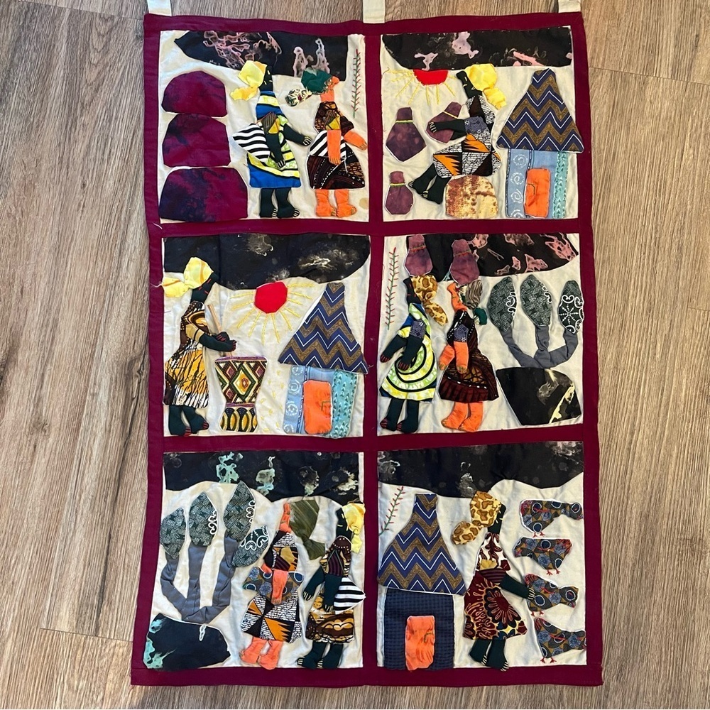 Weya 6 Panel Story Quilt Village Life Zimbabwe African Wall Art Handmade